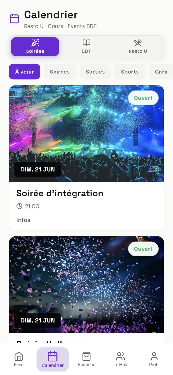 Le calendrier des soirées et de la vie de campus