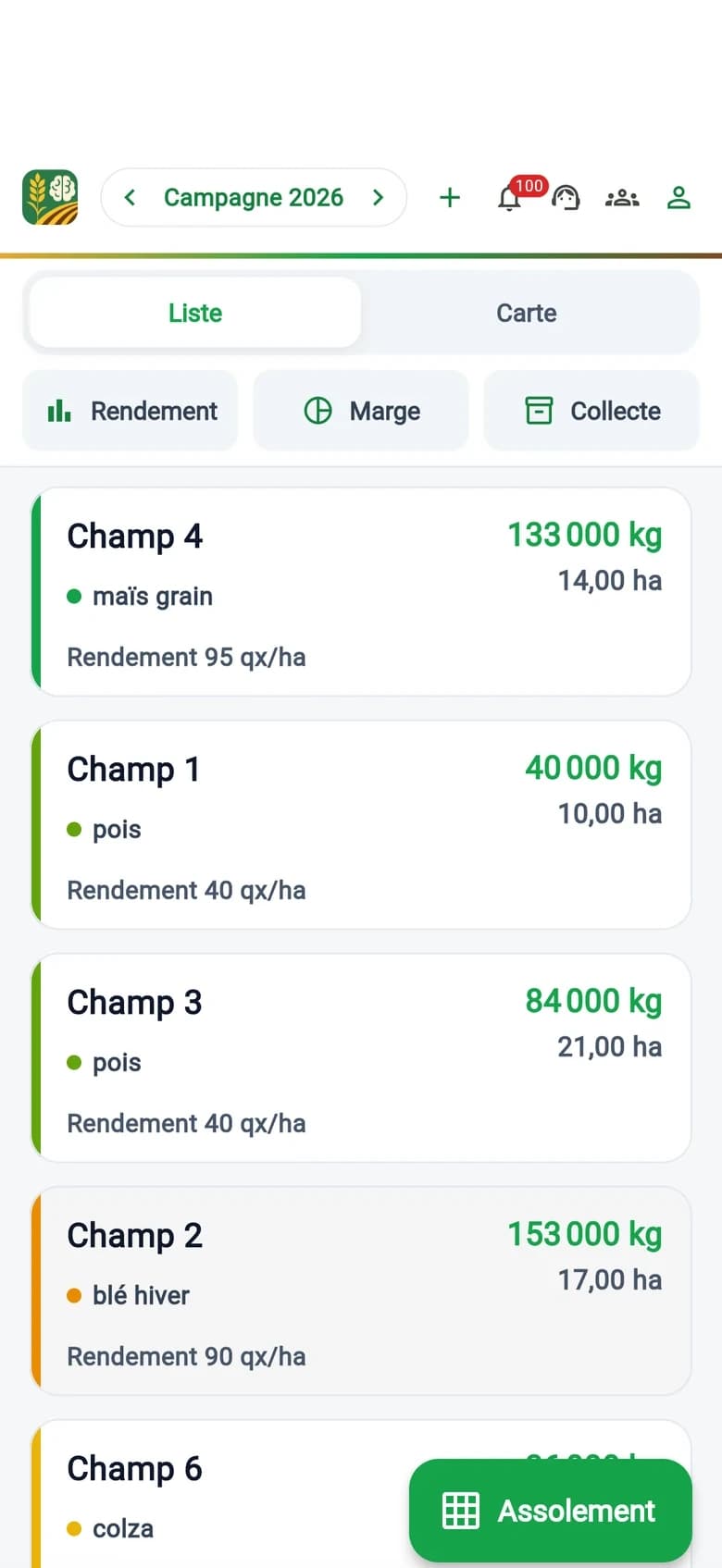 Récolt'IQ, écran de l'app