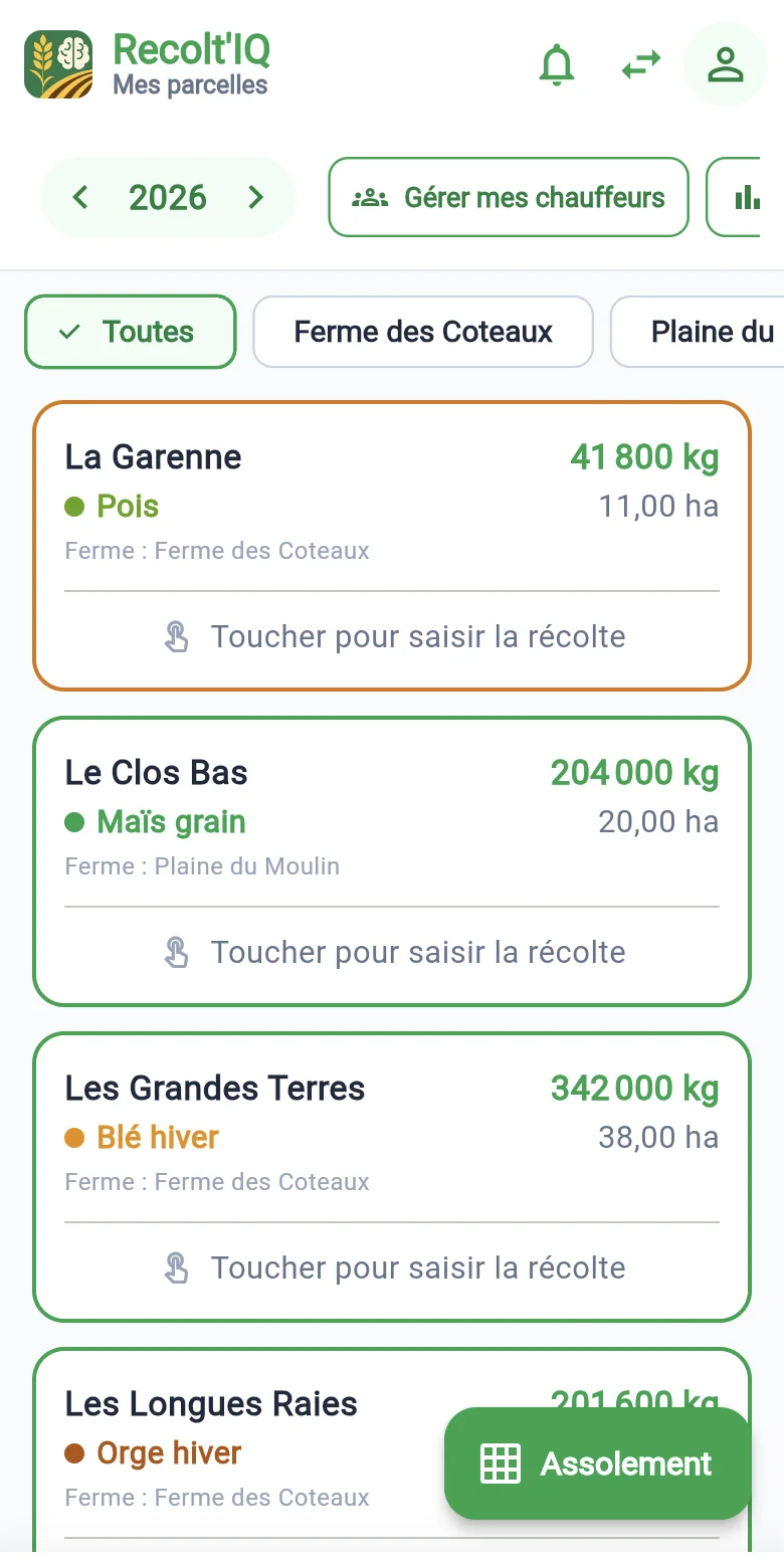 La récolte benne par benne, saisie au champ